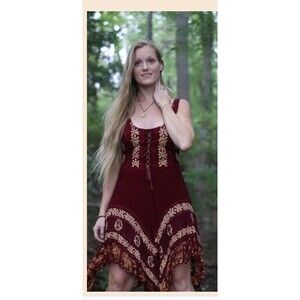Fashion Terminal Red & Gold Embroidered Corset Lace Up Boho Maxi Dress FreeSize